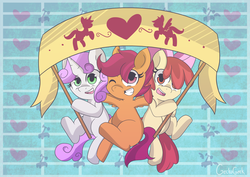 Size: 1600x1131 | Tagged: safe, artist:geckogeek, apple bloom, scootaloo, sweetie belle, g4, banner, cutie mark crusaders