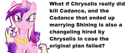 Size: 584x250 | Tagged: safe, princess cadance, queen chrysalis, g4, angry, conspiracy, female, headcanon, solo, text