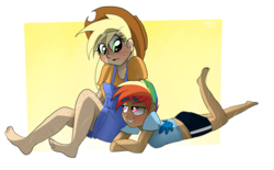 Size: 2800x1740 | Tagged: safe, artist:misspolycysticovary, applejack, rainbow dash, human, g4, barefoot, duo, eyebrows, eyebrows visible through hair, feet, female, freckles, humanized, lesbian, ship:appledash, shipping