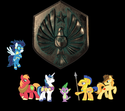 Size: 1713x1518 | Tagged: safe, artist:reaver75, big macintosh, braeburn, flash sentry, shining armor, soarin', spike, earth pony, pony, g4, male, pacific rim, pan pacific defense corps, stallion