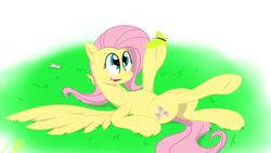 Size: 1920x1080 | Tagged: safe, artist:wan1357, fluttershy, butterfly, pegasus, pony, g4, female, on back, solo