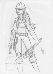 Size: 762x1048 | Tagged: safe, artist:oyedraws, applejack, human, g4, crossover, engineer, engineer (tf2), female, humanized, monochrome, solo, team fortress 2, traditional art