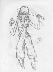 Size: 762x1048 | Tagged: safe, artist:oyedraws, rainbow dash, human, g4, crossover, female, humanized, monochrome, scout (tf2), solo, team fortress 2, traditional art