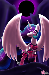 Size: 650x1000 | Tagged: safe, artist:clouddg, princess celestia, alicorn, pony, g4, bow, choker, clothes, eclipse, emo, female, goth, hot topic, looking at you, looking down, ponymania, smiling, solo, spread wings, stockings
