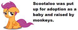 Size: 528x206 | Tagged: safe, scootaloo, monkey, g4, headcanon, ratchet and clank, reference, sad, scootasad, text