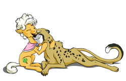 Size: 1316x849 | Tagged: dead source, safe, artist:28gooddays, dotty, goldie delicious, cat, cheetah, earth pony, pony, g4, animal, crazy cat lady, duo, eyes closed, female, floppy ears, goldie delicious' cats, mare, pet, simple background, sitting, white background