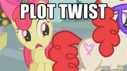 Size: 500x281 | Tagged: safe, apple bloom, twist, g4, butt, exploitable meme, meme, memegenerator, plot, pun, reaction image