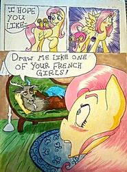 Size: 454x615 | Tagged: safe, artist:cog-dis, discord, fluttershy, g4, comic, draw me like one of your french girls, fainting couch, female, lemonade, male, ship:discoshy, shipping, straight, traditional art, wingboner