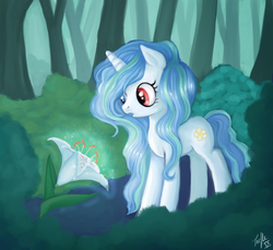 Size: 934x855 | Tagged: safe, artist:trefleix, oc, oc only, oc:flora prima, pony, unicorn, cute, flower, forest, france, french, frenchy-ponies, heterochromia, solo, surprised