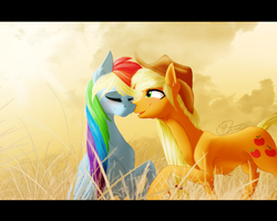 Size: 3500x2800 | Tagged: safe, artist:sevenada, applejack, rainbow dash, g4, blushing, female, high res, lesbian, nuzzling, ship:appledash, shipping