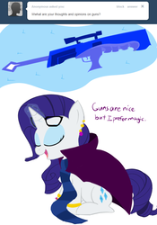 Size: 698x995 | Tagged: safe, artist:bambooharvester, rarity, g4, ahab's crosshairs, ask, crossover, eridan ampora, female, gun, homestuck, magic, rarity replies, solo, tumblr