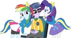 Size: 1381x733 | Tagged: safe, artist:astatium85, micro chips, rainbow dash, rarity, equestria girls, g4, at gunpoint, background human, clothes, female, garrote, glasses, gun, male, simple background, sweat, threat, threatening, transparent background