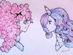 Size: 3128x2346 | Tagged: safe, artist:aknaid, pinkie pie, rarity, human, g4, eye contact, high res, horn, horned humanization, humanized, profile, traditional art