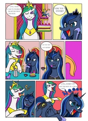 Size: 1236x1698 | Tagged: safe, artist:hohio, princess celestia, princess luna, twilight sparkle, g4, bedroom eyes, cake, comic, dialogue, eating, engrish, eyes closed, food, levitation, licking, lidded eyes, long tongue, magic, one eye closed, open mouth, plate, smiling, tea, teacup, teapot, telekinesis, tongue out