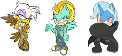 Size: 1024x472 | Tagged: dead source, safe, artist:atomiclance, gilda, lightning dust, trixie, griffon, pegasus, unicorn, g4, crossover, horn, sonic the hedgehog (series), style emulation