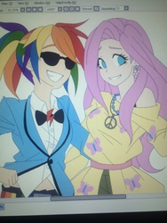 Size: 960x1280 | Tagged: safe, artist:semehammer, fluttershy, rainbow dash, human, g4, clothes, dress, humanized, smiling, suit, sunglasses, wip