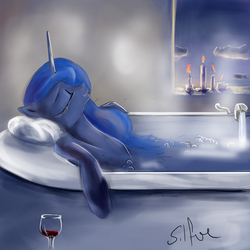 Size: 1280x1280 | Tagged: safe, artist:silfoe, princess luna, pony, lunadoodle, g4, alcohol, bath, bathtub, candle, cloud, eyes closed, female, mare, relaxing, smiling, solo, steam, water, wine, wine glass