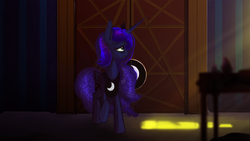 Size: 960x540 | Tagged: safe, artist:hierozaki, princess luna, lunadoodle, g4, crepuscular rays, female, frown, open mouth, raised hoof, solo, sunrise, tired