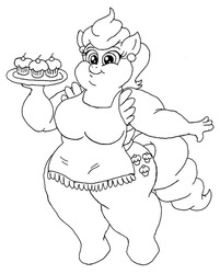 Size: 799x992 | Tagged: safe, artist:beau-skunk, cup cake, earth pony, anthro, unguligrade anthro, g4, apron, bingo wings, breasts, busty cup cake, chubby, chubby cheeks, clothes, cupcake, double chin, fat, female, fetish, food, monochrome, naked apron, solo, thick cup cake, tray, wide hips