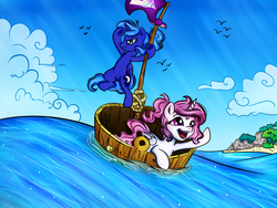 Size: 3000x2250 | Tagged: safe, artist:kp-shadowsquirrel, artist:kp-shadowsquirrel edits, artist:vocalmaker, princess celestia, princess luna, bird, g4, armpits, boat, bucket, cewestia, colored, cute, filly, flag, glare, high res, hoof hold, ocean, open mouth, pointing, smiling, water, woona