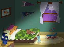 Size: 10297x7500 | Tagged: safe, artist:mactavish1996, artist:zoevulpez, princess luna, scootaloo, winona, dog, pegasus, pony, g4, absurd resolution, bed, dic, female, filly, foal, lamp, moon, paint, scooter, sleeping, vector, window