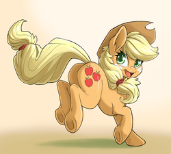 Size: 999x901 | Tagged: safe, artist:pusspuss, applejack, earth pony, pony, g4, applebutt, butt, cute, cutie mark eyes, female, freckles, galloping, happy, hat, jackabetes, looking back, mare, open mouth, plot, smiling, solo, underhoof, wingding eyes