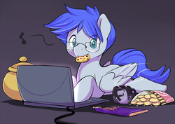 Size: 850x601 | Tagged: safe, artist:ende26, oc, oc only, pegasus, pony, coffee mug, computer, cookie, cute, eating, glasses, laptop computer, lying down, male, prone, solo, stallion