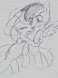 Size: 500x667 | Tagged: safe, artist:yajima, applejack, rainbow dash, earth pony, pegasus, pony, g4, applejack's hat, blushing, cowboy hat, explicit source, female, floppy ears, flying, grayscale, hat, hug, lesbian, lined paper, mare, monochrome, ship:appledash, shipping, spread wings, traditional art, wings