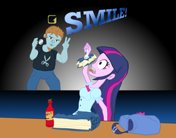 Size: 1007x794 | Tagged: safe, artist:reyjjj, snips, twilight sparkle, equestria girls, g4, bag, beard, bibliovore, book, dead rising, facial hair, frank west, older, school bag, smile!, that pony sure does love books