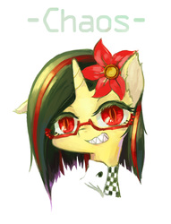 Size: 917x1200 | Tagged: safe, artist:kuma8696, oc, oc only, oc:chaos, pony, clothes, flower, flower in hair, glasses, pixiv, sharp teeth, simple background, slit pupils, solo, white background