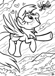 Size: 408x571 | Tagged: safe, artist:sorcerushorserus, derpy hooves, parasprite, pegasus, pony, g4, female, flying, mare, monochrome, solo