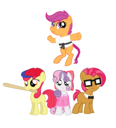 Size: 852x938 | Tagged: safe, artist:rizzych, apple bloom, babs seed, scootaloo, sweetie belle, earth pony, pegasus, pony, unicorn, g4, baseball bat, bipedal, clothes, cosplay, cutie mark crusaders, earthbound, female, glasses, jeff andonuts, ness, paula jones, prince poo, simple background, transparent background