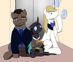 Size: 3500x2996 | Tagged: safe, artist:ruirik, prince blueblood, changeling, g4, awkward, business suit, clothes, elevator, high res, nervous, suit, sweat