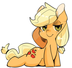 Size: 982x927 | Tagged: safe, artist:berseepon09, applejack, earth pony, pony, g4, cute, female, looking at you, pixiv, prone, simple background, solo