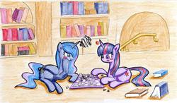 Size: 1023x596 | Tagged: dead source, safe, artist:unousaya, princess luna, twilight sparkle, alicorn, pony, g4, book, chess, female, golden oaks library, mare, traditional art, twilight sparkle (alicorn)