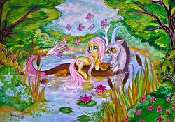 Size: 1024x718 | Tagged: safe, artist:arnne, discord, fluttershy, butterfly, g4, blushing, female, male, painting, pond, ship:discoshy, shipping, straight, traditional art