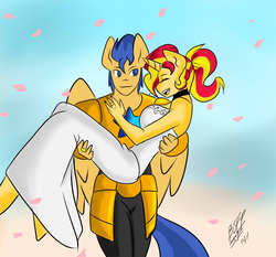 Size: 1080x1008 | Tagged: safe, artist:burningsnowflakeproductions, flash sentry, sunset shimmer, pegasus, unicorn, anthro, g4, armor, bridal carry, carrying, choker, clothes, couple, cute, dress, eyes closed, female, happy, knight, love, male, mare, married, open mouth, shimmerbetes, ship:flashimmer, shipping, smiling, stallion, straight, wedding, wedding dress, wedding ring
