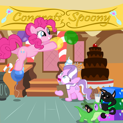 Size: 1950x1950 | Tagged: safe, artist:magerblutooth, diamond tiara, gummy, pinkie pie, oc, oc:dazzle, alligator, cat, earth pony, pony, g4, balloon, cake, female, filly, foal, food, mare