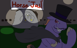 Size: 800x500 | Tagged: safe, artist:calorie, oc, oc only, oc:calorie, bhm, blob, cape, clothes, dastardly whiplash, evil grin, fat, guard, hat, immobile, jailbreak, morbidly obese, moustache, obese, pony too big for container, top hat