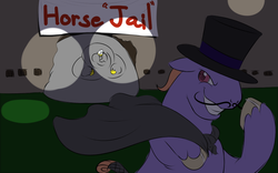 Size: 800x500 | Tagged: safe, artist:calorie, oc, oc only, oc:calorie, bhm, blob, cape, clothes, dastardly whiplash, evil smile, fat, guard, hat, immobile, jailbreak, morbidly obese, moustache, obese, pony too big for container, top hat