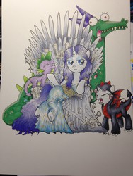 Size: 1224x1632 | Tagged: safe, artist:catscratchpaper, crackle, rarity, spike, sweetie belle, dragon, pony, unicorn, g4, cosplay, daenerys targaryen, dragon costume, female, game of thrones, harsher in hindsight, iron throne, khaleesi, mare, petting, traditional art