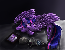 Size: 1100x850 | Tagged: safe, artist:fruttistdar, smarty pants, twilight sparkle, alicorn, pony, g4, female, frown, frustration, hoof fluff, hoofprint, horseshoes, immortality blues, looking away, lying down, mare, nostalgia, picture, prone, sad, solo, twilight sparkle (alicorn), unshorn fetlocks, wings