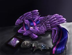 Size: 1100x850 | Tagged: safe, artist:fruttistdar, smarty pants, twilight sparkle, alicorn, pony, g4, female, frown, frustration, hoof fluff, hoofprint, horseshoes, immortality blues, looking away, lying down, mare, nostalgia, picture, prone, sad, solo, twilight sparkle (alicorn), twilight will outlive her friends, unshorn fetlocks, wings