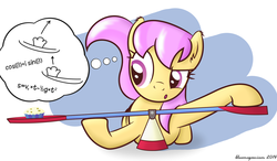 Size: 1582x923 | Tagged: safe, artist:bluemeganium, sunny rays, pegasus, pony, g4, calculation, catapult, female, formula, mare, math, muffin, physics, prone, science, solo, thinking