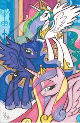 Size: 1024x1582 | Tagged: safe, artist:ponygoddess, princess cadance, princess celestia, princess luna, g4, traditional art