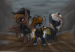 Size: 680x480 | Tagged: safe, artist:mrasianhappydude, oc, oc only, oc:calamity, oc:littlepip, oc:velvet remedy, pegasus, pony, unicorn, fallout equestria, battle saddle, clothes, cloud, cloudy, cowboy hat, dashite, ear fluff, fanfic, fanfic art, female, fluttershy medical saddlebag, gun, hat, hooves, horn, jumpsuit, male, mare, medical saddlebag, pipbuck, rifle, saddle bag, stallion, vault suit, wasteland, weapon, wings