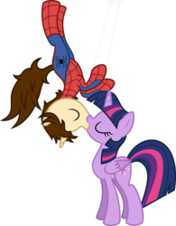 Size: 7500x9629 | Tagged: safe, artist:mactavish1996, artist:zoevulpez, twilight sparkle, alicorn, pony, spiders and magic: rise of spider-mane, g4, absurd resolution, crossover, crossover shipping, female, kissing, male, mare, marvel, peter parker, shipping, spider-man, spidertwi, twilight sparkle (alicorn), upside down kiss