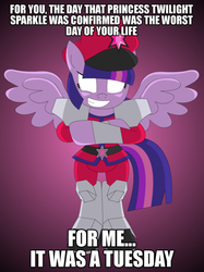 Size: 500x667 | Tagged: safe, artist:umsauthorlava, twilight sparkle, alicorn, pony, g4, magical mystery cure, alicorn drama, but for me it was tuesday, capcom, crossover, drama, female, image macro, m. bison, mare, meme, solo, street fighter, twilight sparkle (alicorn), tyrant sparkle