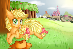 Size: 3000x2000 | Tagged: safe, artist:shyshyoctavia, applejack, earth pony, pony, g4, apple tree, cheek fluff, cloud, cloudy, cute, female, filly, fluffy, grass, hatless, high res, missing accessory, prone, solo, sweet apple acres, tongue out, unshorn fetlocks, who's a silly pony