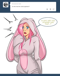 Size: 750x943 | Tagged: safe, artist:swain, fluttershy, human, g4, ask-humans-from-equestria, blushing, breasts, bunny costume, bunny pajamas, bunnyshy, busty fluttershy, clothes, cute, female, humanized, pajamas, solo, tumblr